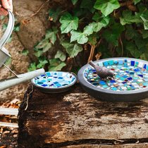 Ein mit Mosaiksteinchen dekorierter Blumentopfuntersetzer lädt mit frischem Wasser gefüllt die Vögel zum Bade.