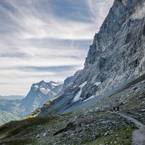 Im Wechselbad des Lichts: Dunkel ragt die Nordwand des Eigers (3967 m) auf, während Grosse Scheidegg und Wetterhorn (3690 m) bereits im Sonnenschein liegen.