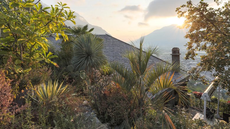 Atemberaubende Sicht auf Rhonetal und Walliser Alpen: Nicolas Tromberts kleines Haus im beschaulichen Weiler Tassonières liegt harmonisch eingebettet in einer üppigen exotischen Flora.