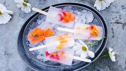 Essbare Blüten wie Ringelblumen und Kapuzinerkresse kommen in der selbst gemachten Glace wunderschön zur Geltung. Eine tolle Idee auch, um ein Sommerbuffet zu schmücken und frisch zu halten.