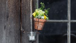 Stimmiges Chrüsimüsi: Das kalkbesetzte Tontöpfchen, das Rita Hadorn mit Blüten gefüllt hat, lässt sich in einer Drahtampel aufhängen oder als klassischer Tischschmuck verwenden.