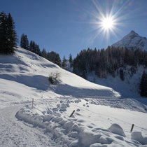 Während die Nordflanke des Piz Rugnux (2890 m) noch im Schatten liegt, leuchtet der Schnee auf den Alpweiden zwischen Stuls und Latsch bereits im Sonnenschein.