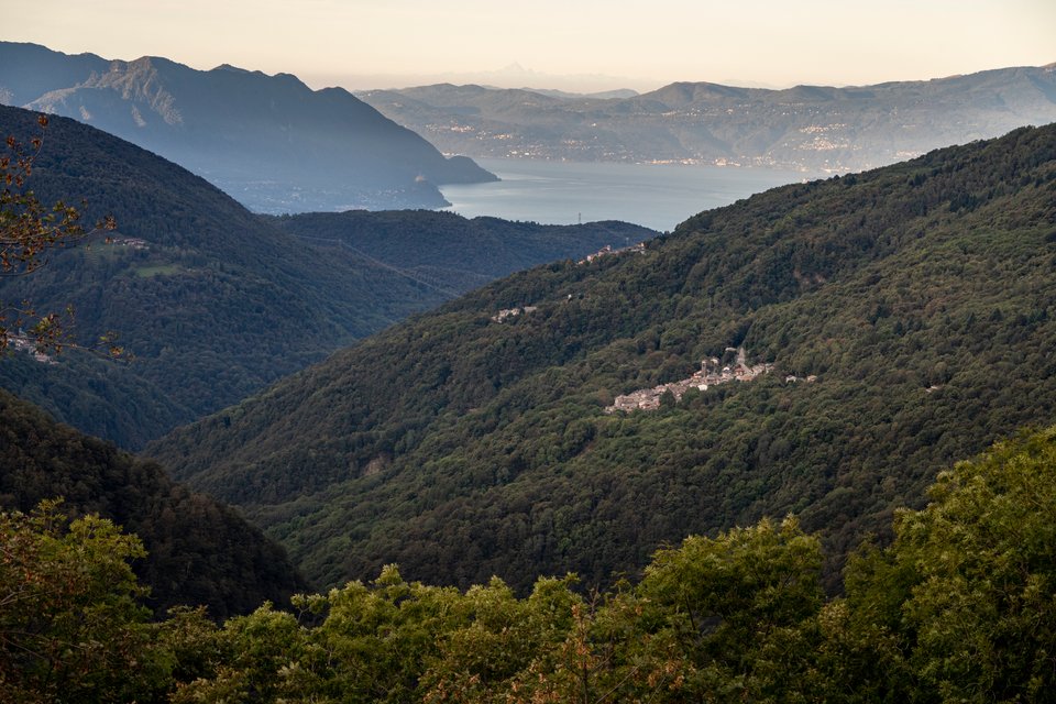 Blick auf das Schweizer Bergdorf Indemini im Hang, umgeben von Wald