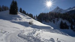 Während die Nordflanke des Piz Rugnux (2890 m) noch im Schatten liegt, leuchtet der Schnee auf den Alpweiden zwischen Stuls und Latsch bereits im Sonnenschein.